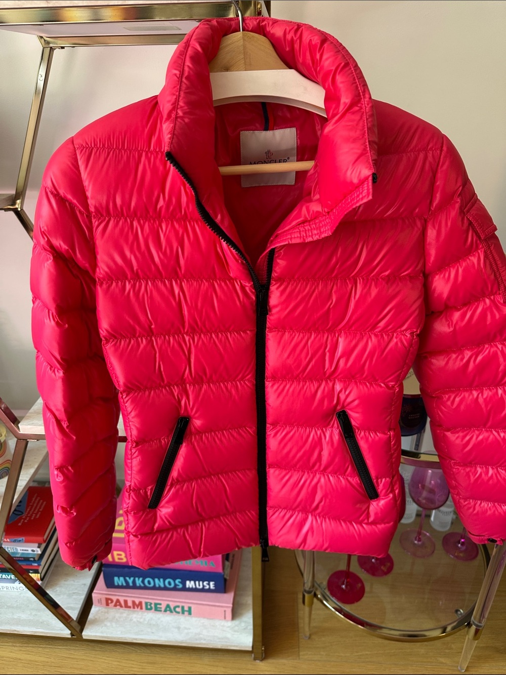 Bright Pink Quilted Puffer Jacket with Black Trim